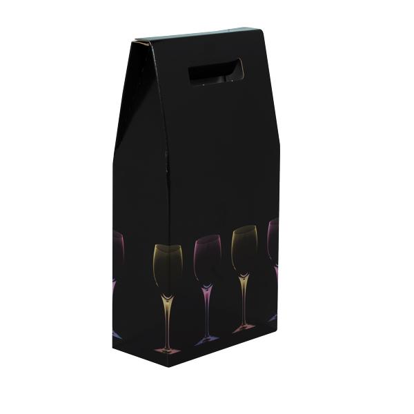 2 Bottle Box Black with Wine Glasses Design