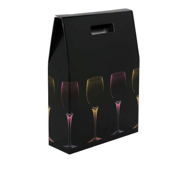 3 Bottle Box Black with Wine Glasses Design
